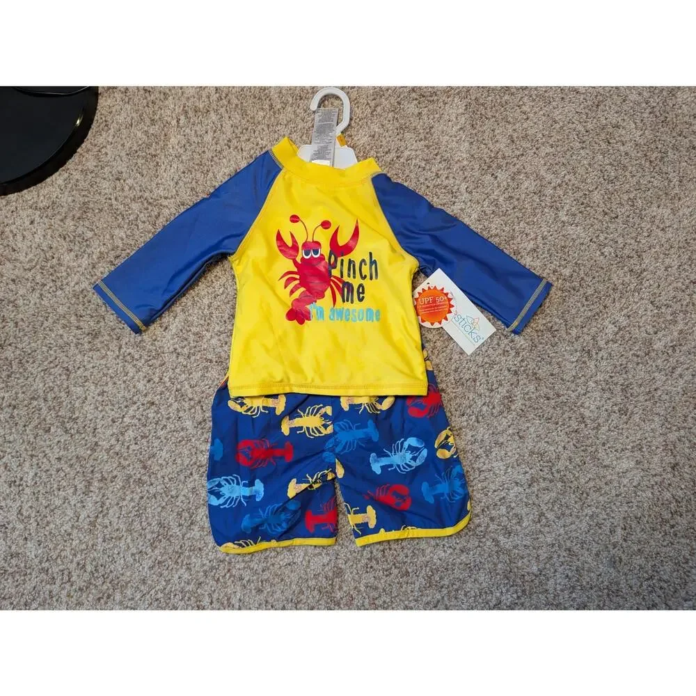 Candlesticks Boy's Swim suit shorts & rash guard, Lobster, 3T, UPF 50;